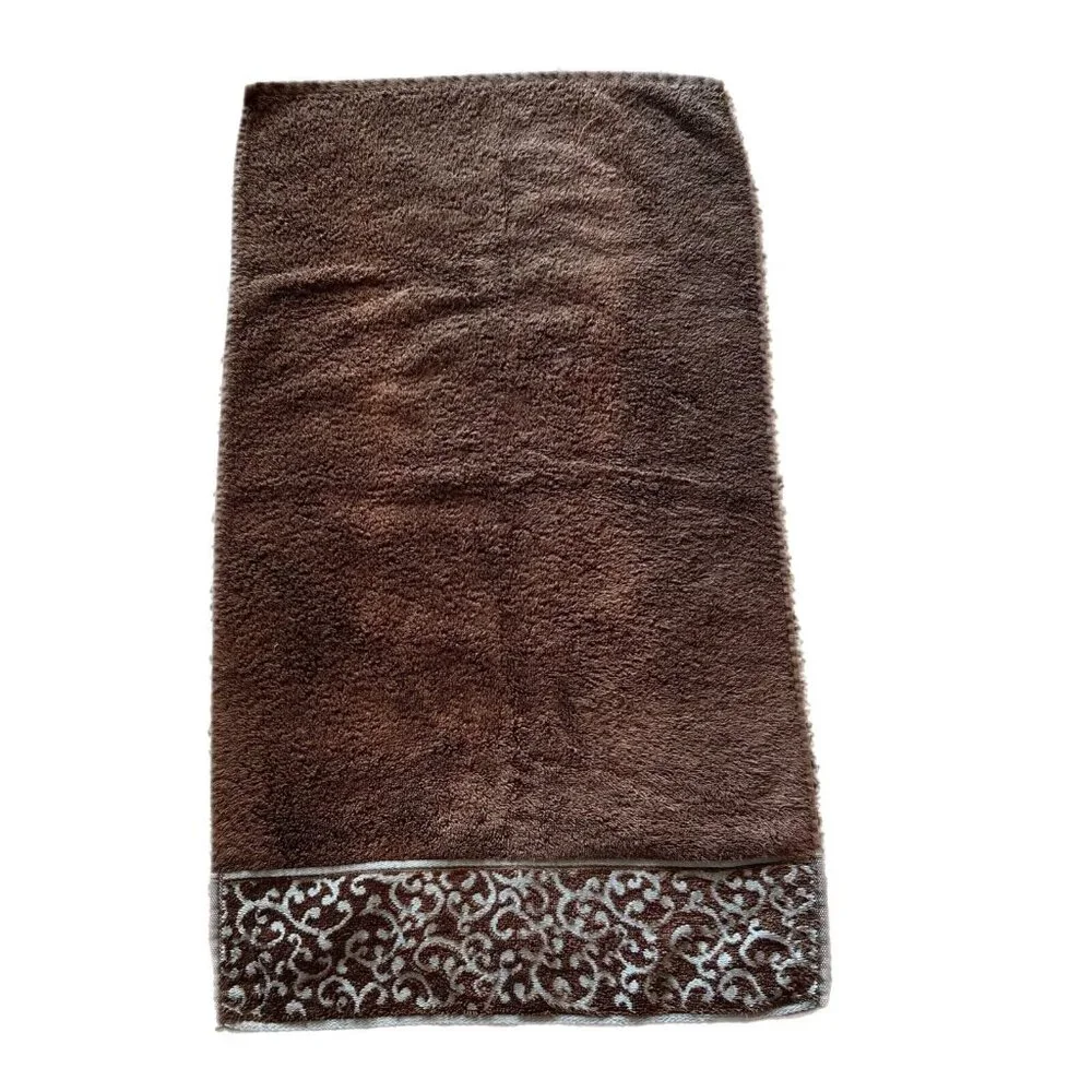 Waverly Home Bath & Hand Towels Set Cotton Embroidered Scroll Brown Blue India